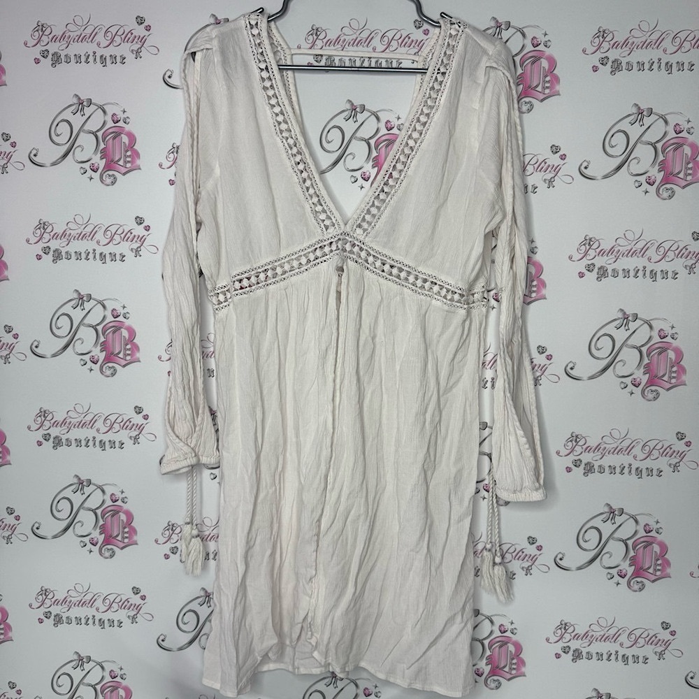 Sun & shadow dress coverup beach crochet knit white tassles lilac open arm flowy